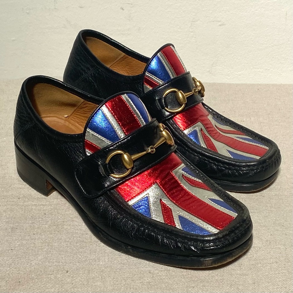 Gucci black brass horsebit union jack uk flag metallic loafers size 5